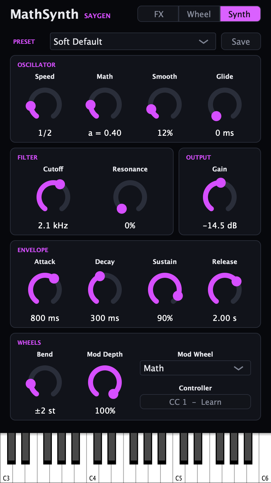 MathSynth's Synth page: oscillator, filter, envelope and wheel controls