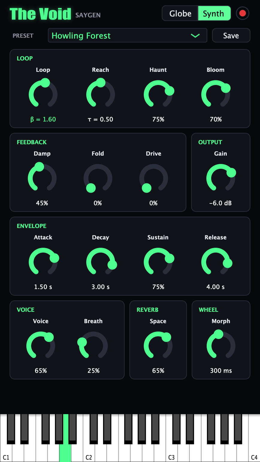 The Void's Synth page: Loop, Feedback, Envelope, Voice, Reverb and Wheel controls